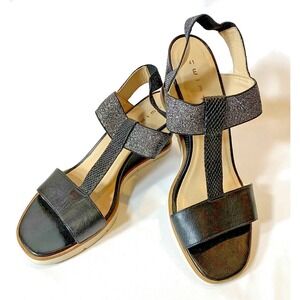 Wirth Sandals Womens 41 (9.5) Black Leather Wedge Elastic T-Strap Metallic City